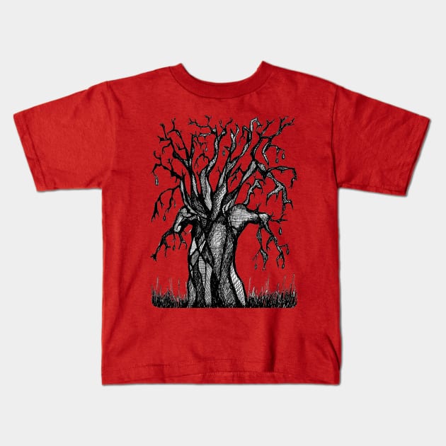 Red Baobab Artistic Line Drawing Kids T-Shirt by Tony Cisse Art Originals